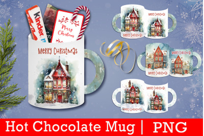 Mug of hot chocolate with Christmas houses