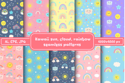 Kawaii sun, cloud, rainbow seamless patterns