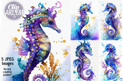 Seahorse Printable Digital Art Watercolor Teal Purple Gold 5 JPEG Set