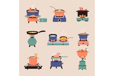 Cooking on stove. Preparing food on portable gas stove recent vector f