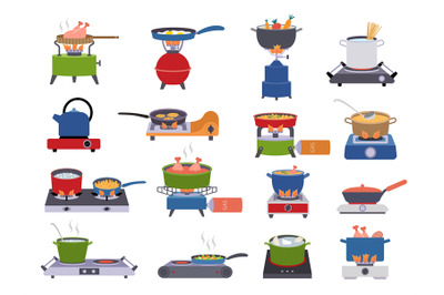 Portable gas stove. Preparing food cooking items recent vector flat il