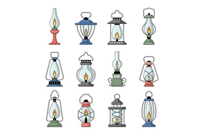 Vintage lanterns. Silhouettes of gas lamps recent vector retro night e