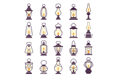 Lanterns set. Kerosene vintage old style light items recent vector sty