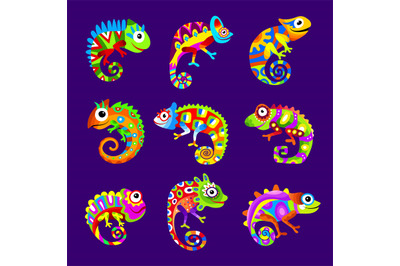 Chameleons. Stylized colored chameleons with colorful skin recent vect