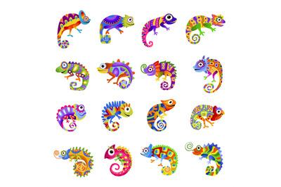 Colorful chameleons. Exotic wild animals recent vector stylized pictur