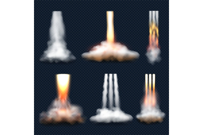 Smoke from rocket. Spaceship launch smoke and fire flame decent vector