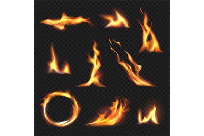 Fire shapes. Realistic hot flame decent vector templates pictures set