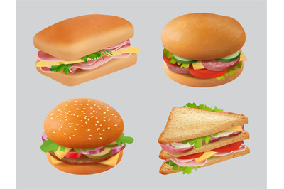 Realistic sandwich. Fast food burgers bun with vegetables and meat dec