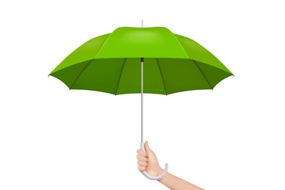 Umbrella in hand. Human holding colored rain umbrella decent vector te