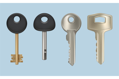 Realistic key. Metallic key for home door locks decent vector pictures