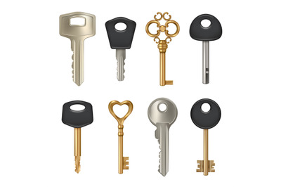 Metallic key. Safety concept set pictures of different door key decent