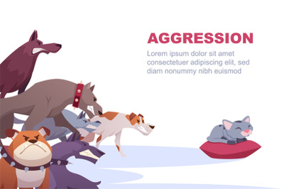 Angry dogs. wild stray dogs growl at a kitten vector horisontal concep