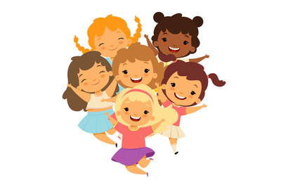 Girls kids group. Happy childs girl studio, diverse kindergarten femal