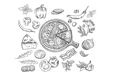 Italian pizza doodle ingredients. Pizzeria food elements sketch, tomat