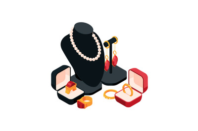 Jewelry. wedding rings earrings and beads. Vector isometric illustrati