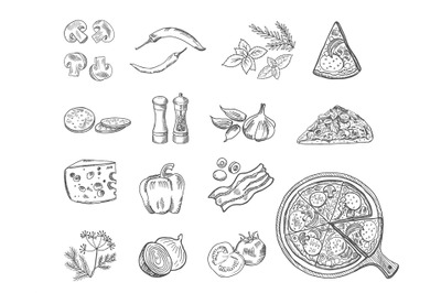 Pizza ingredients sketch. Italian pizzeria black doodle ingredeit set