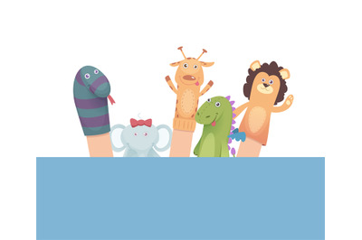 Sock puppets. funny attraction for kids cartoon animals from socks. Ve