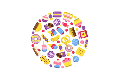Sweets circle. delicious food cakes lollipop sweets illustrations desi