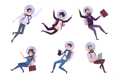 Business astronaut. Male and female flying characters with business to