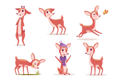 Baby deer. Wild cute forest animal in action poses standing sitting ru