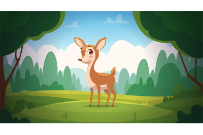 Deer in forest. Cute little baby deer walking outdoor exact vector car