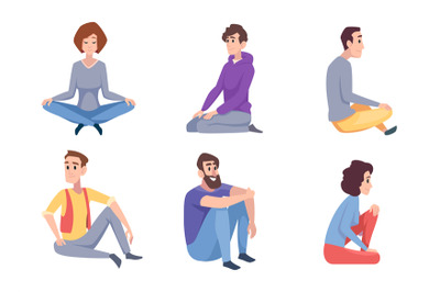 Sitting knees. People male and female sitting on floor different poses