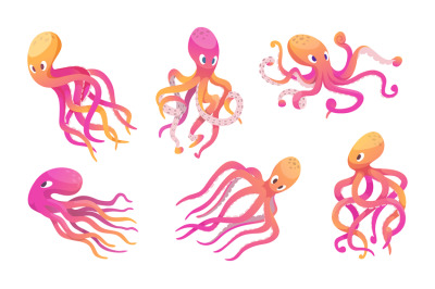 Octopus. Cartoon ocean wildlife underwater creature with tentacles exa