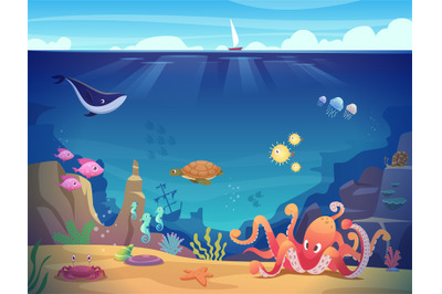 Underwater life. Background with ocean creature with tentacles exact v