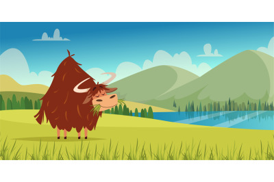 Yak outdoor. Cartoon background with wild yak bull walking exact vecto