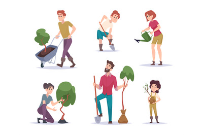 Planting tree. People care green plants nature concept illustrations e