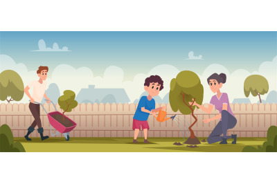 Care trees. Nature outdoor people planting trees exact vector cartoon