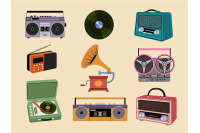 Music players. Vintage stylized illustrations of music record devices