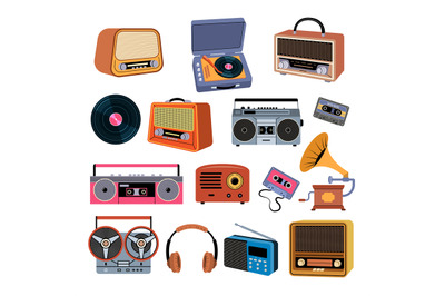 Music devices. Retro music gadgets headset radio and players recent ve