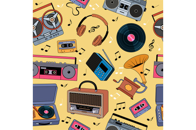 Music players pattern. Audio gadgets collection in retro style vintage