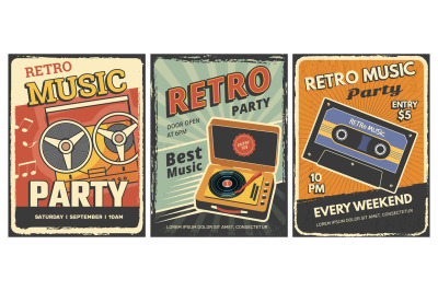 Poster retro music. Audio vintage gadgets players headset vynil radio