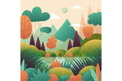 Forest landscape. Weather background with trees and bushes. Recent vec