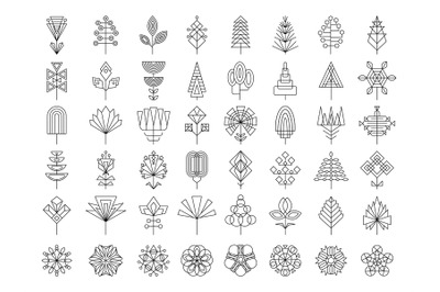 Stylized plants. Flowers leaves and trees geometrical shapes recent ve