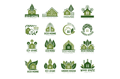 Eco house. Wooden home logos and symbols recent vector real estate tem