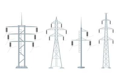 Electricity poles. Power high voltage constructions from metal decent