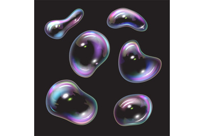 Soap bubbles. Colored transparent foam water bubbles decent vector rea