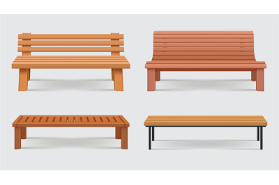 Benches. Realistic set of different wooden benches for urban park dece