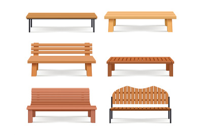 Benches. Urban park relax places with wooden benches decent vector rea