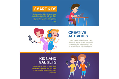 Banners with kids. print design templates with smart kids using gadget