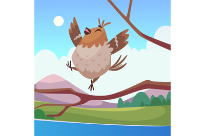 Bird on branch. happy sparrow sing song on tree outdoor cartoon backgr