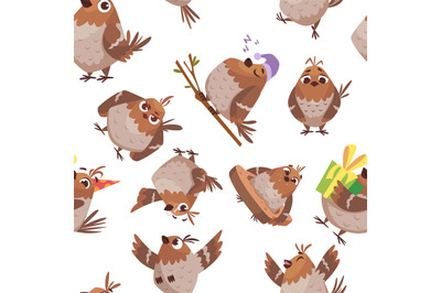 Birds pattern. funny cartoon sparrows in different poses seamless back