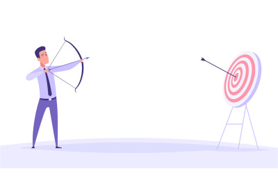 Businessman archer. man holding bow with arrow and shooting to goal Ve