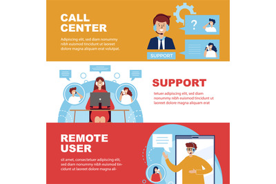 Call center. banners with distance support operators in call center