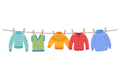 Clothes on rope. sweaters socks outdoor. Vector template illustration