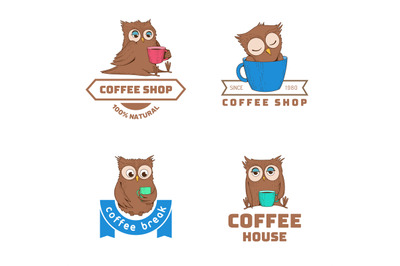 Coffee logo. Owl mascot with hot drink cups. Vector identity badges te