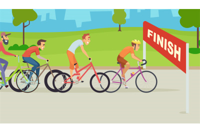 Cyclists. bike riders moving to finish sport destination. Vector carto